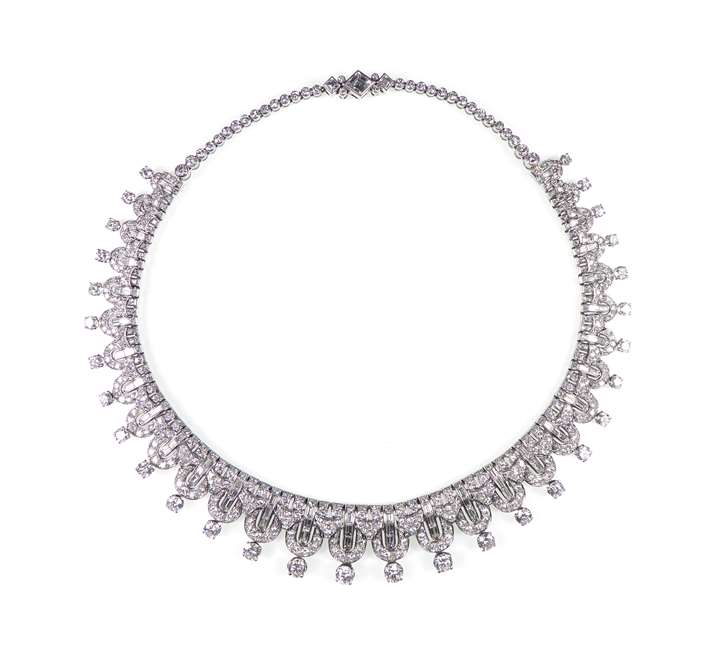 Round brilliant and baguette cut diamond geometric fringe necklace